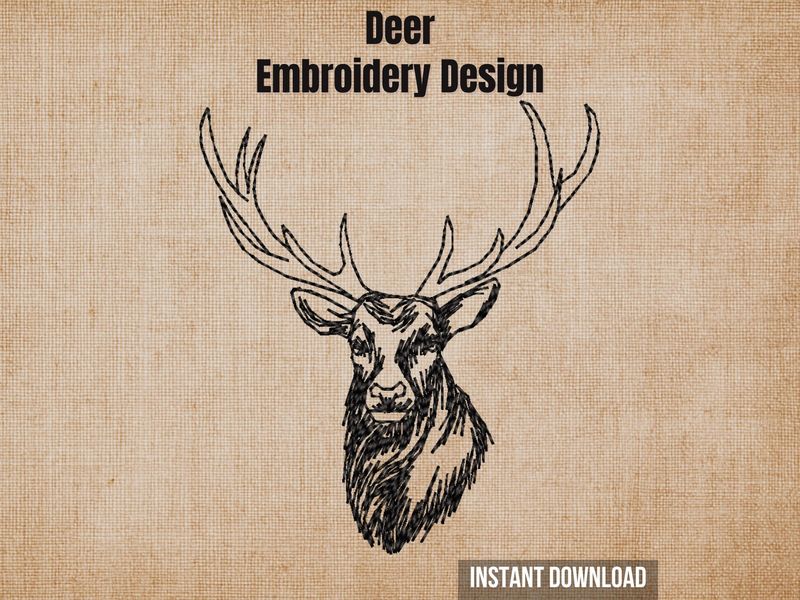 Deer embroidery design graphic showing a detailed black sketch of a stag portrait on a textured beige background.