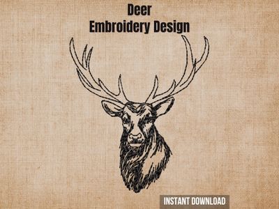 Deer embroidery design graphic showing a detailed black sketch of a stag portrait on a textured beige background.