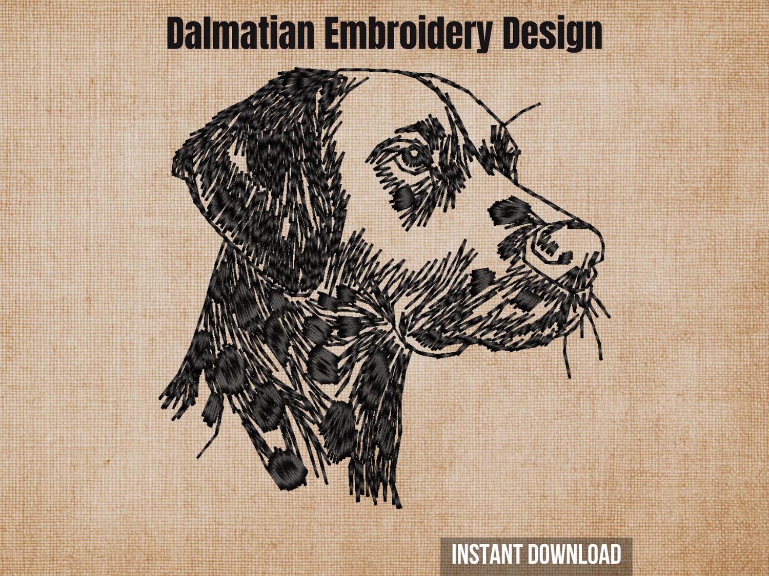 Black sketch-style embroidery of a Dalmatian head, on a textured beige fabric background with heading text.
