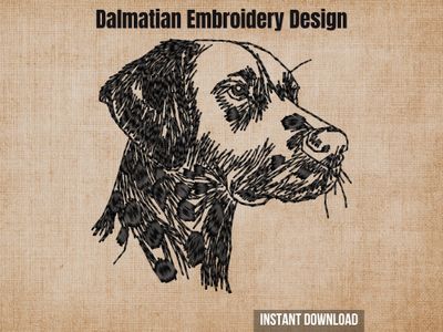 Black sketch-style embroidery of a Dalmatian head, on a textured beige fabric background with heading text.