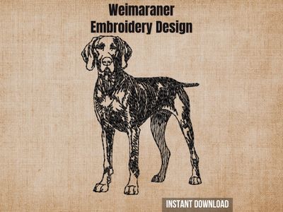 Weimaraner embroidery design graphic showing a black sketch of a standing dog on a textured beige background.