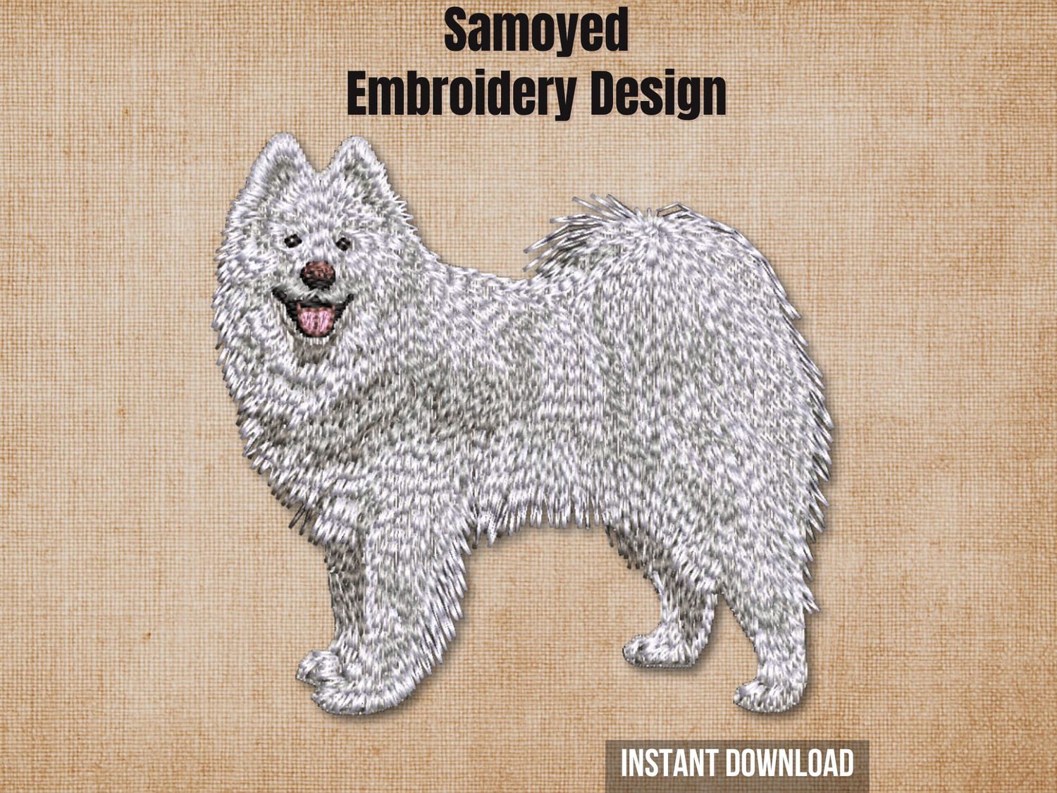 Textured natural burlap background highlighting the Samoyed full-body machine embroidery design with an instant download tag