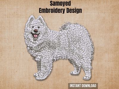 Textured natural burlap background highlighting the Samoyed full-body machine embroidery design with an instant download tag