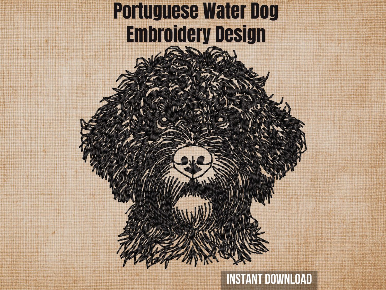 Portuguese Water Dog head outline embroidery burlap background cover photo instant download.