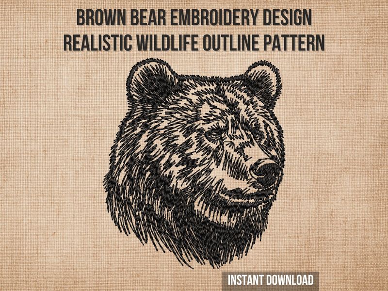 Black line embroidery of a brown bear head with detailed fur texture and strong facial features on a light fabric background.
