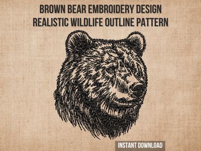 Black line embroidery of a brown bear head with detailed fur texture and strong facial features on a light fabric background.