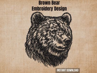 Cover photo graphic of Brown Bear head embroidery design on textured burlap background with instant download tag.