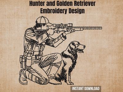 Cover photo graphic featuring a Golden Retriever and hunter outline embroidery design on a textured burlap background.