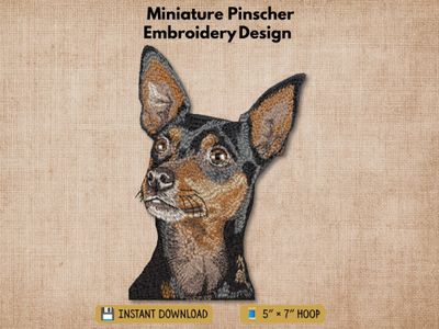 Miniature Pinscher embroidery design graphic showing a realistic stitched dog head on a rustic beige background.