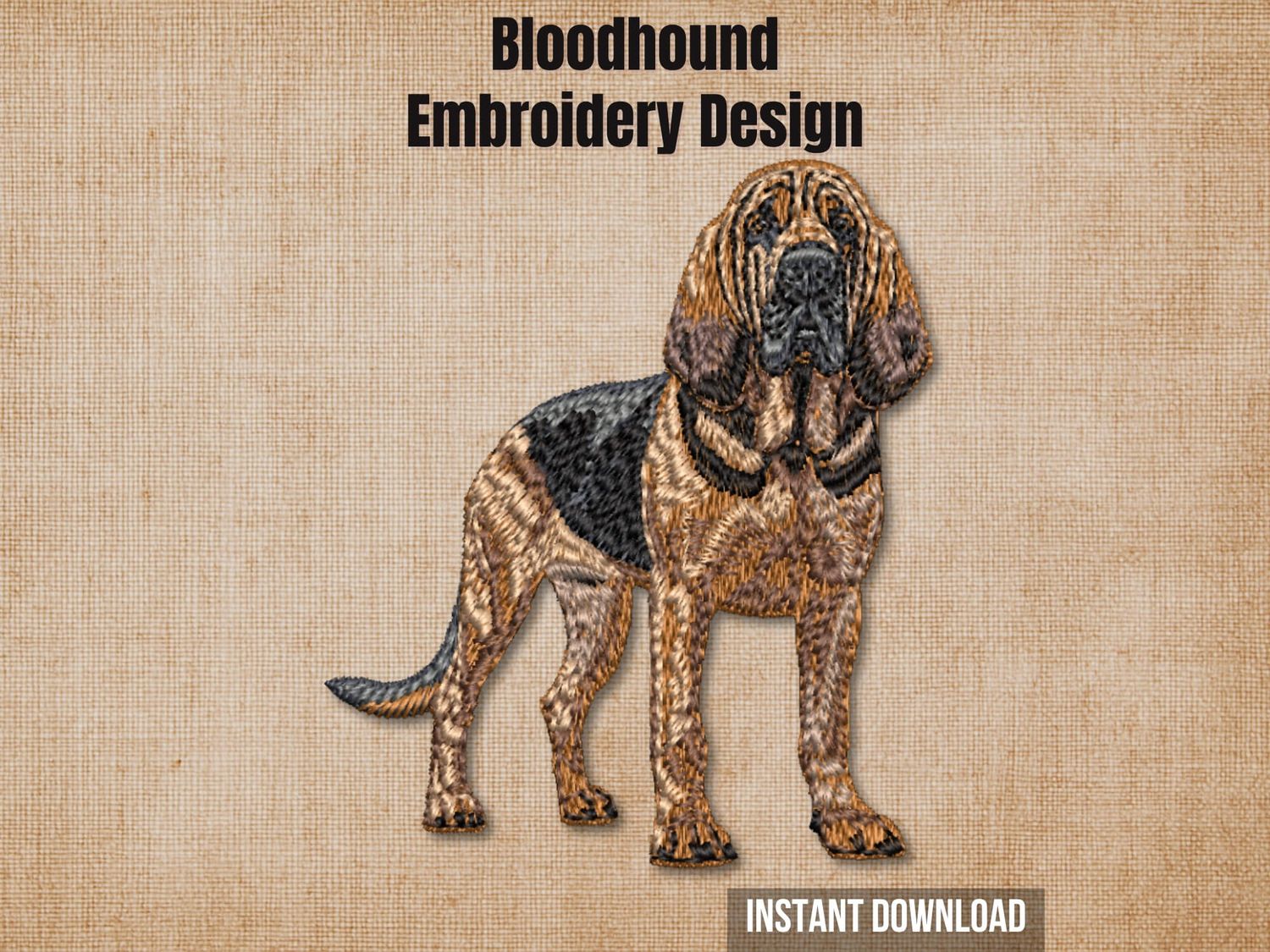 Bloodhound embroidery design graphic showing a realistic stitched dog on a rustic beige background.