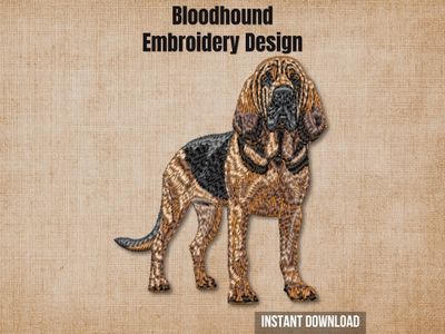 Bloodhound embroidery design graphic showing a realistic stitched dog on a rustic beige background.