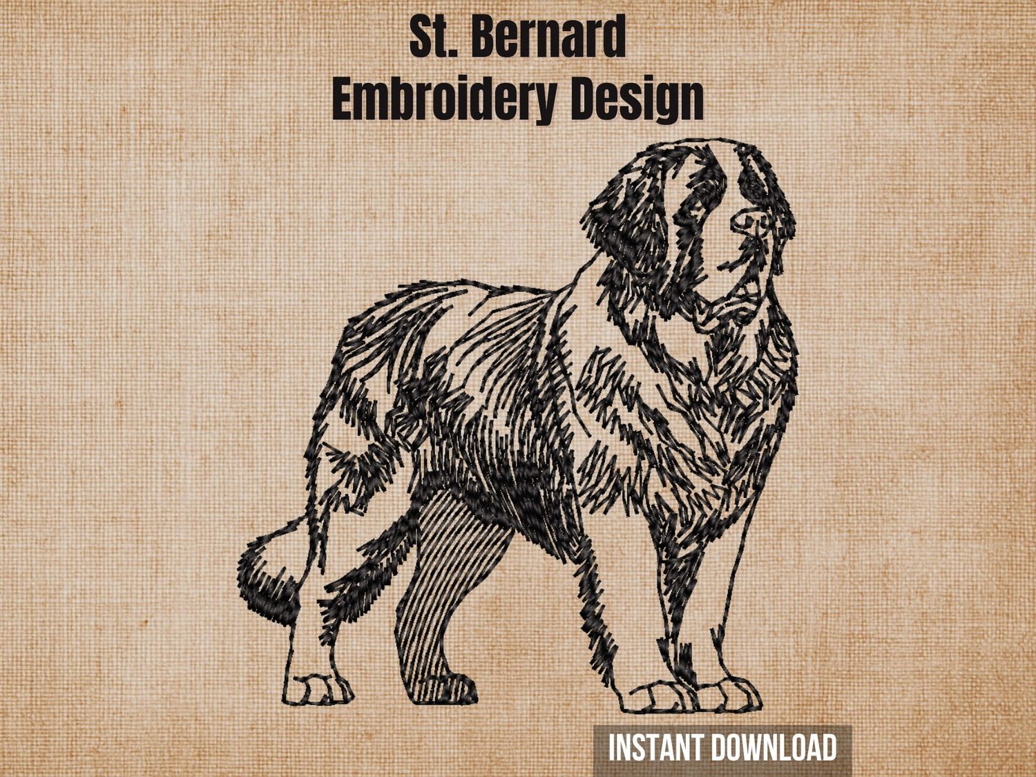 St. Bernard embroidery design graphic showing a detailed black sketch of a standing dog on a beige background.