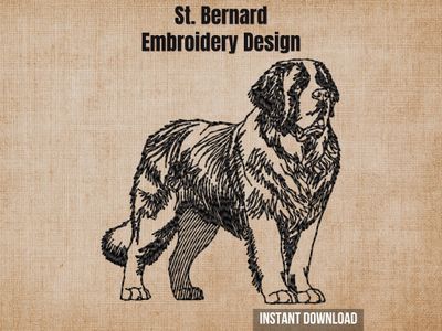 St. Bernard embroidery design graphic showing a detailed black sketch of a standing dog on a beige background.