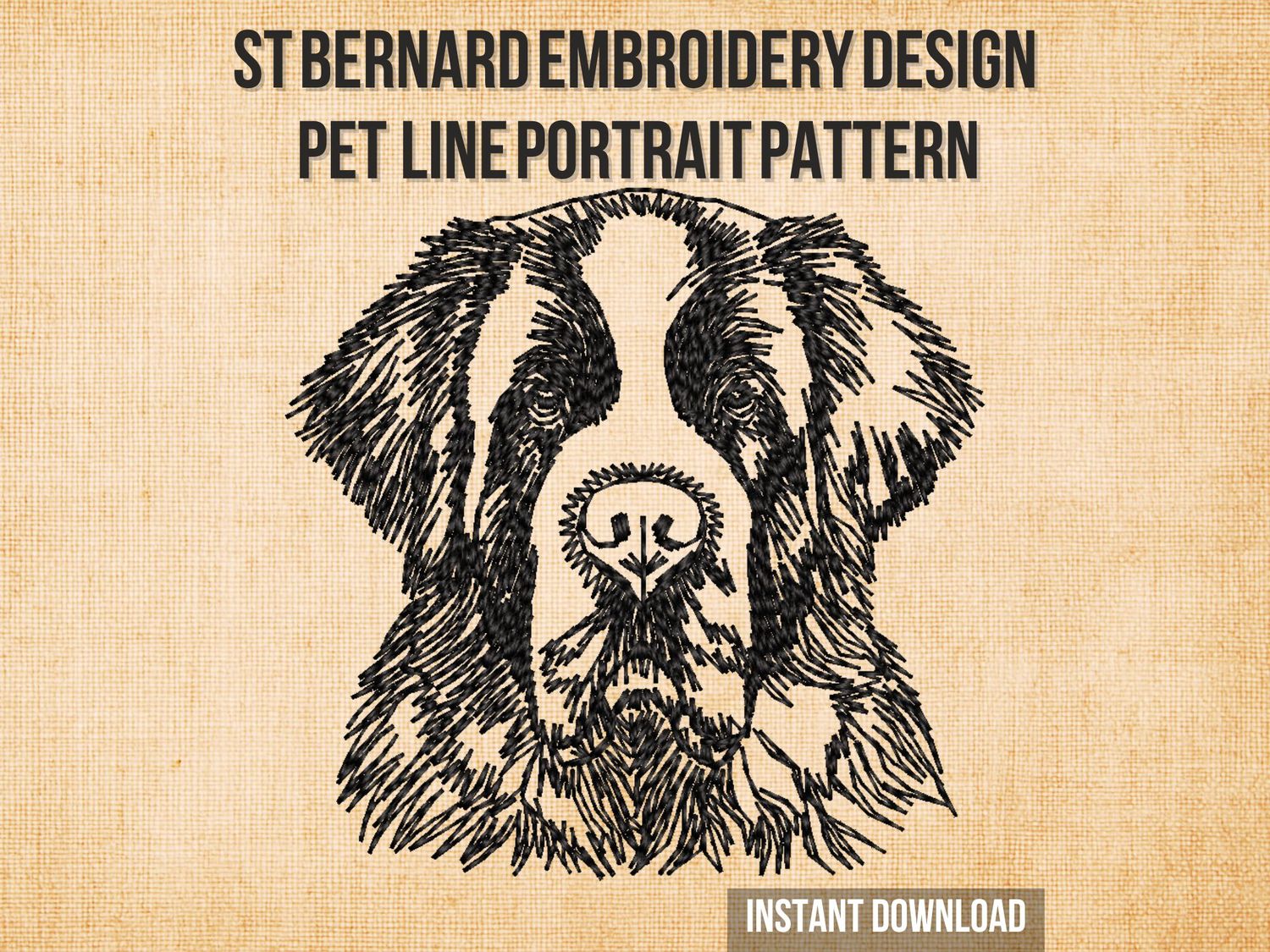 Black line embroidery of a St Bernard dog head with thick fur and detailed stitching on a light fabric background.
