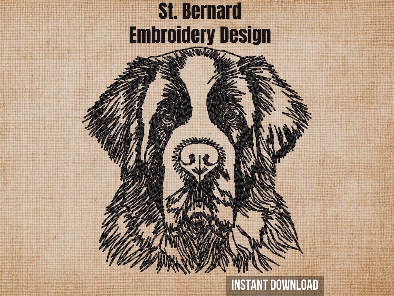 Cover photo graphic featuring a Saint Bernard head outline embroidery design on a textured burlap background.