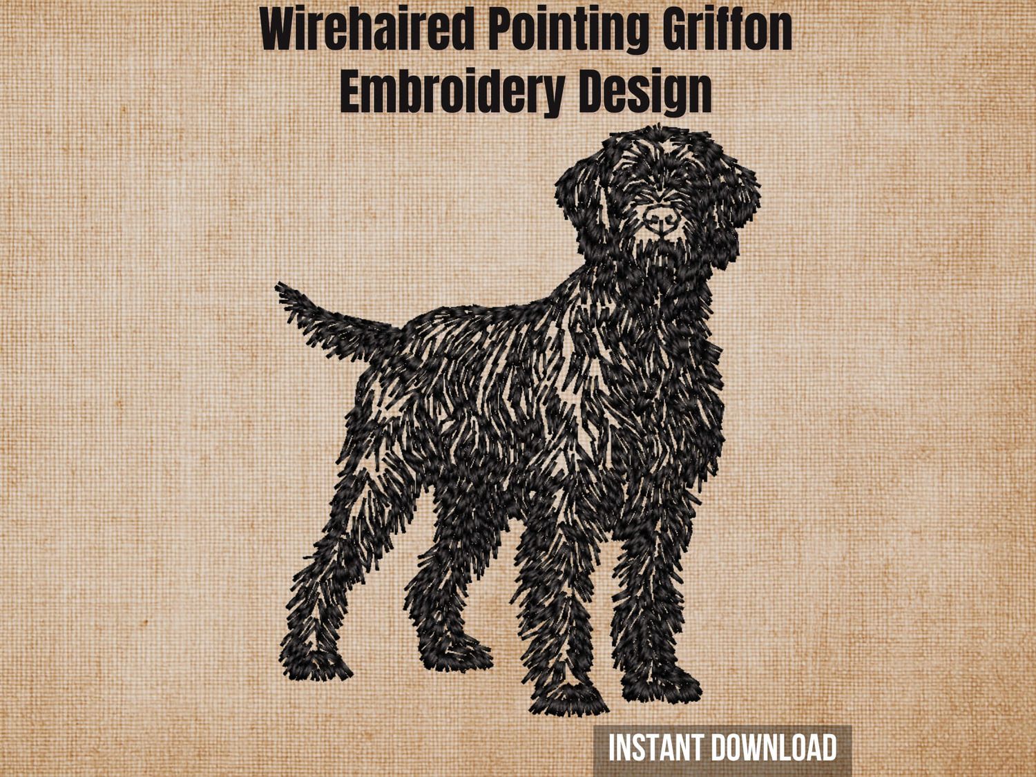 Full-body Wirehaired Pointing Griffon embroidery design on textured burlap background cover photo with instant download tag.