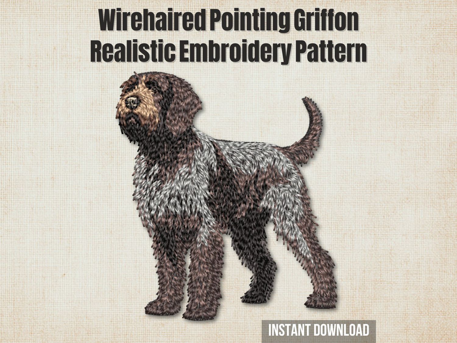 Embroidery of a Wirehaired Pointing Griffon in brown, gray, and black thread with wiry fur texture on a fabric backround.