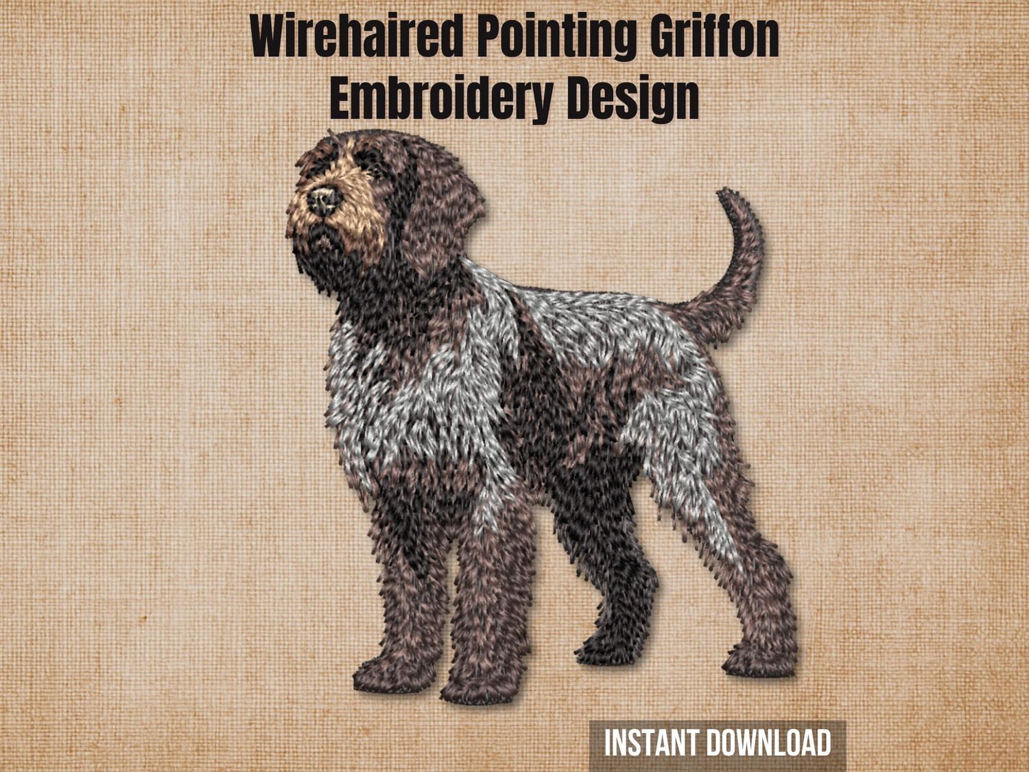 Wirehaired Pointing Griffon embroidery design graphic showing a realistic stitched dog on a rustic beige background.