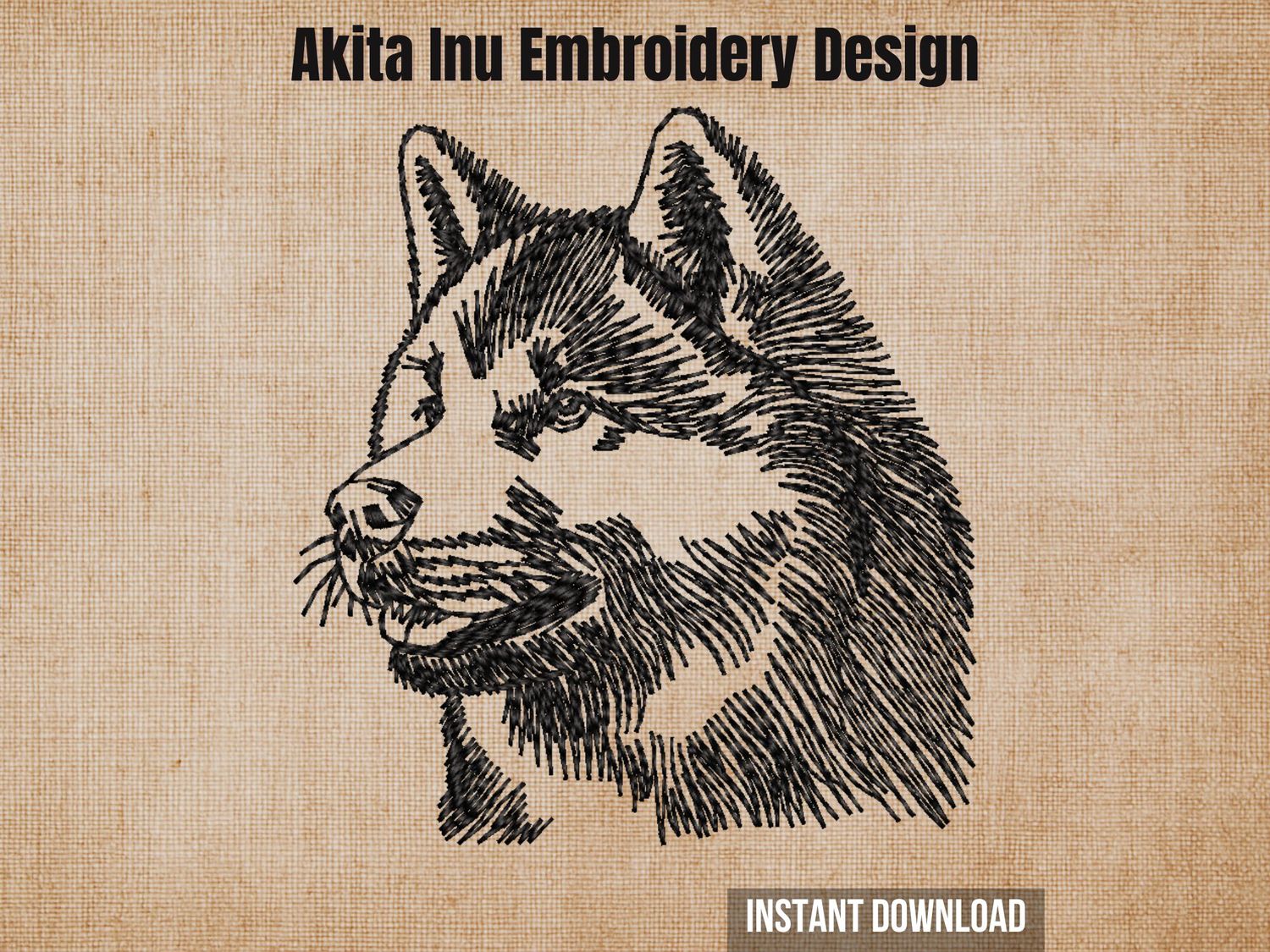 Black sketch-style embroidery of an Akita Inu head, on a textured beige fabric background with heading text.