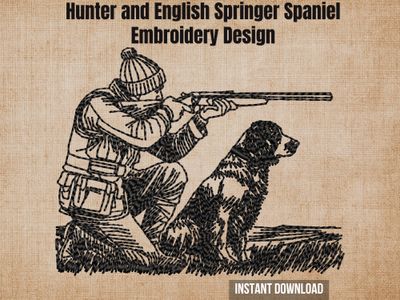 Burlap background highlighting the hunter and English Springer Spaniel embroidery design with an instant download tag