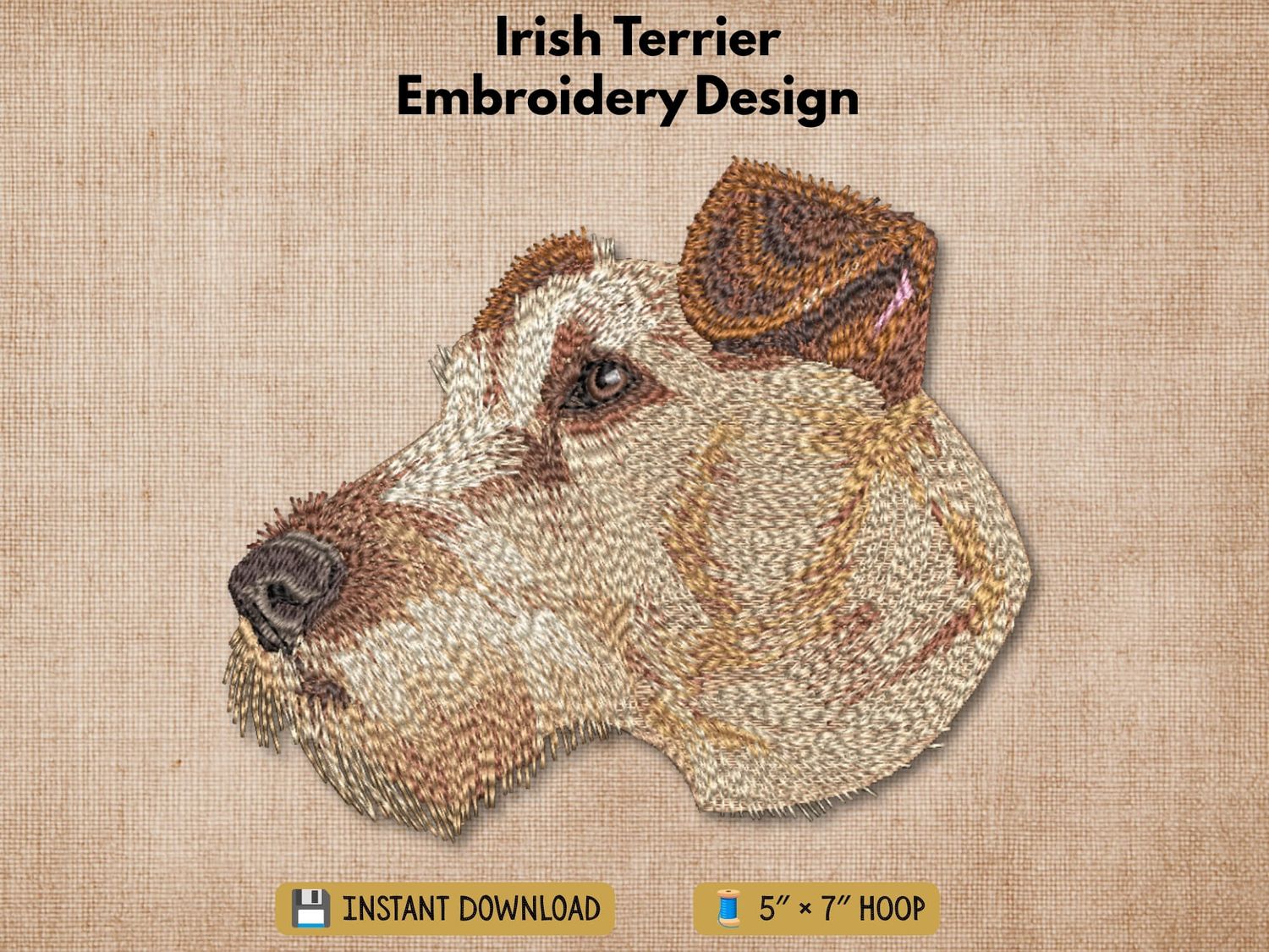 Irish Terrier embroidery design graphic showing a detailed stitched dog head on a rustic beige background.