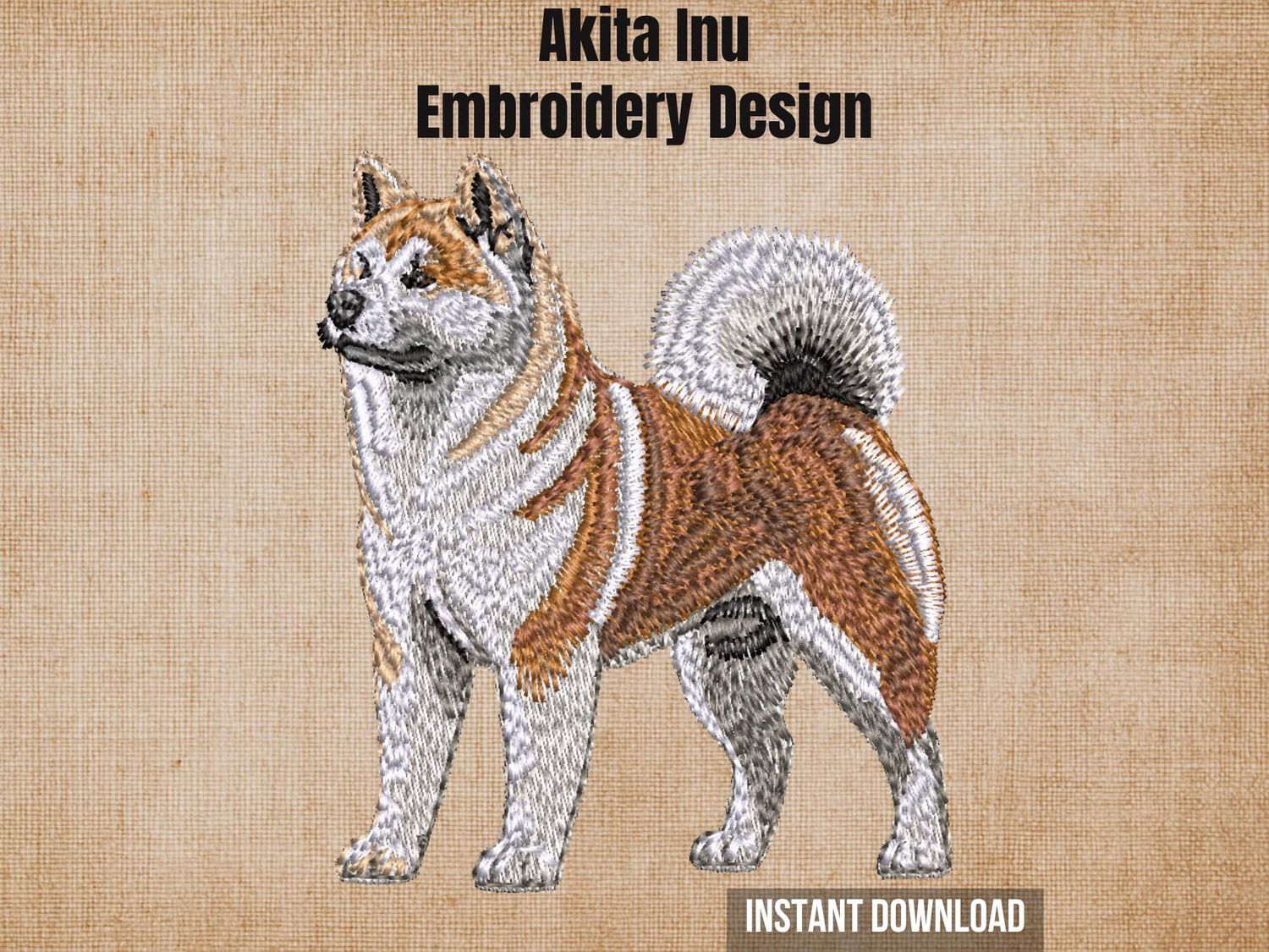 Full body Akita Inu embroidery design on textured burlap background instant download cover photo.