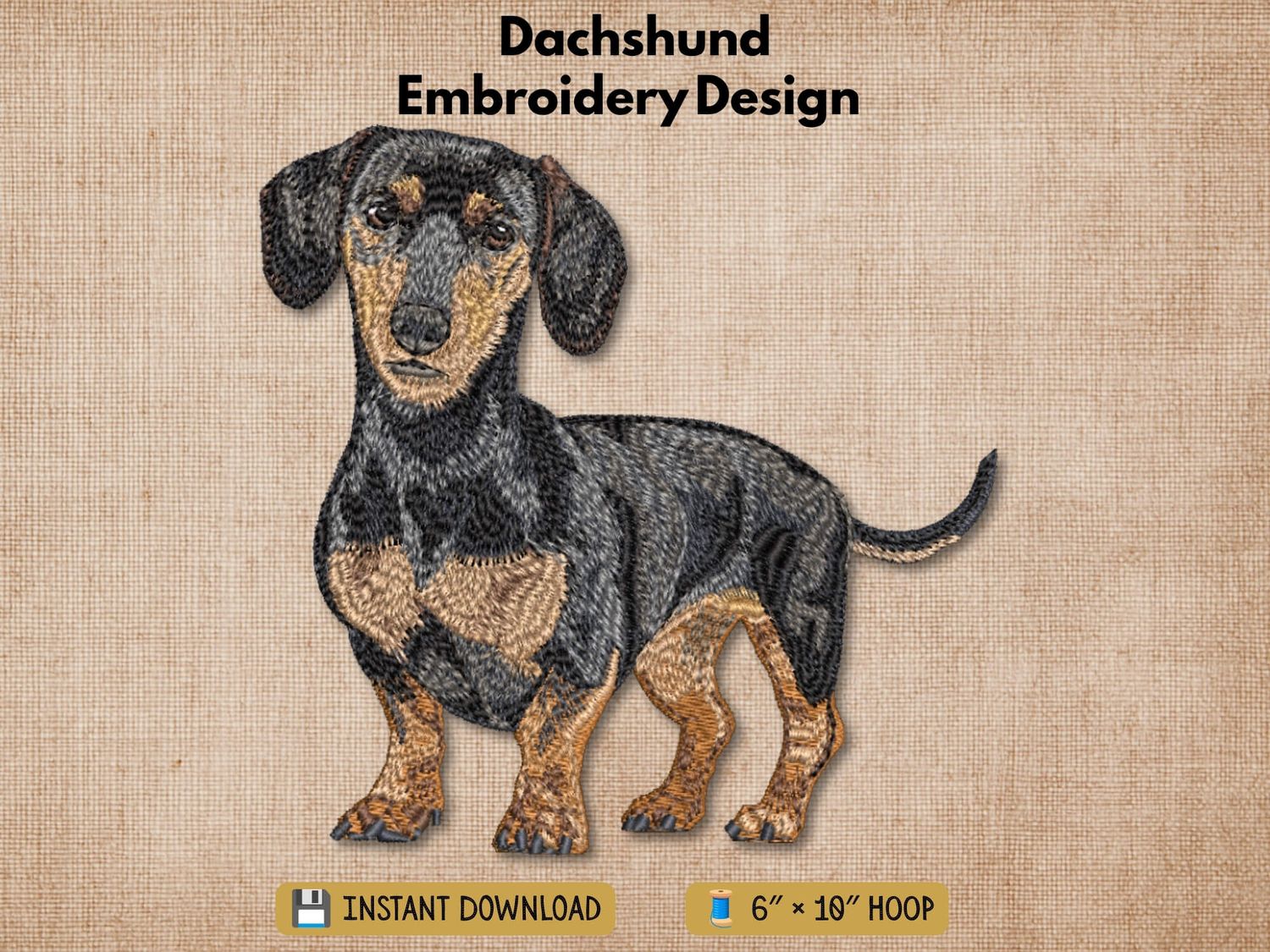 Dachshund embroidery design graphic showing a realistic stitched dog on a textured beige background.