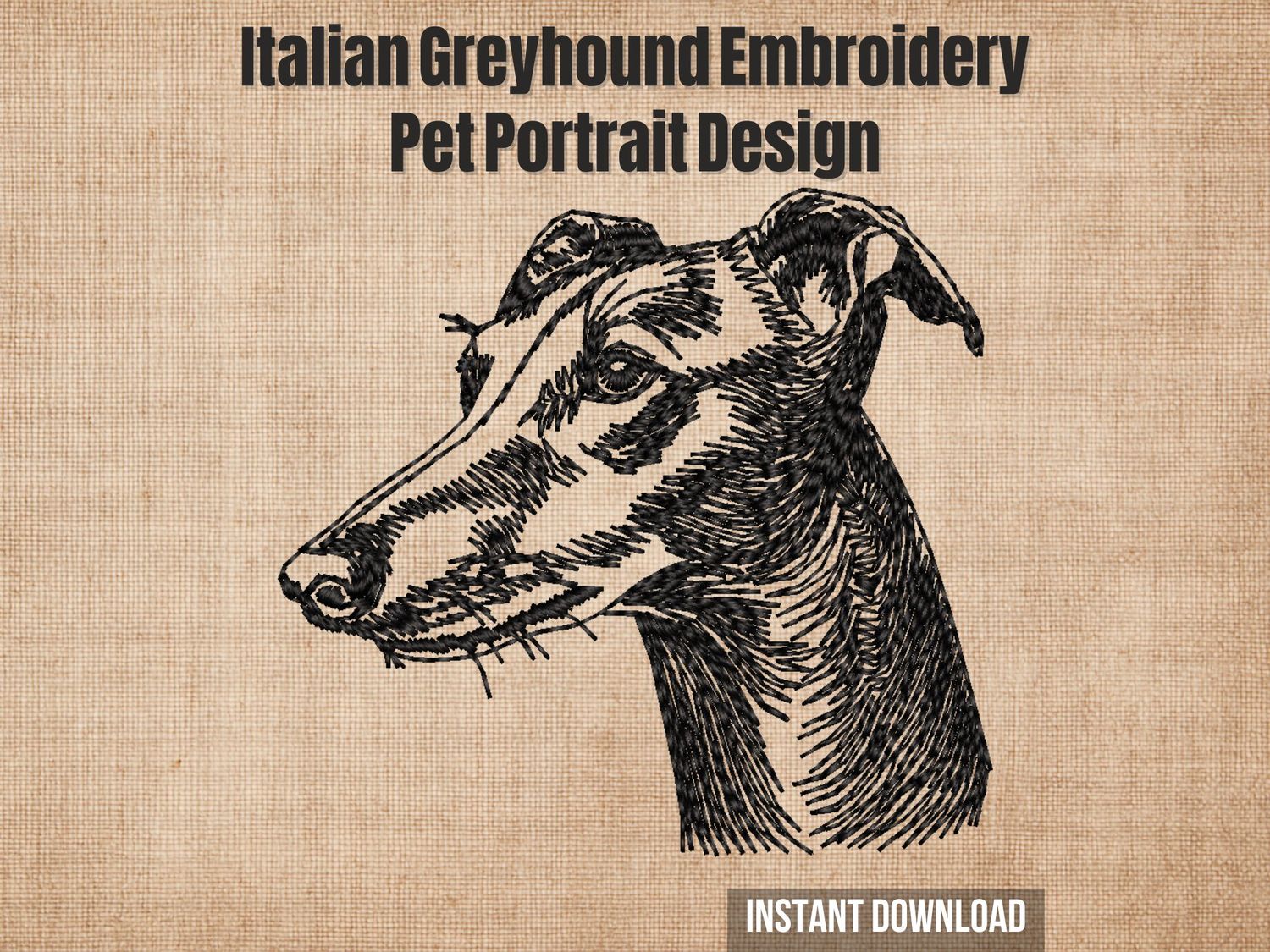 Black thread embroidery of an Italian Greyhound head in side profile with fine stitched details on beige fabric background.