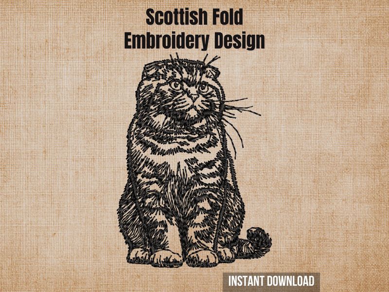 Scottish Fold cat machine embroidery design template with Instant Download text overlay on a textured brown burlap background