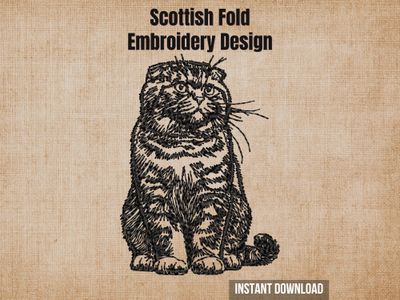 Scottish Fold cat machine embroidery design template with Instant Download text overlay on a textured brown burlap background