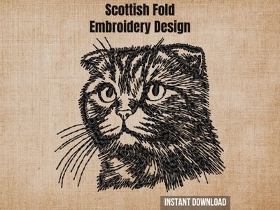 Graphic of a Scottish Fold cat embroidery design on a tan burlap background with the text "Scottish Fold Embroidery Design".