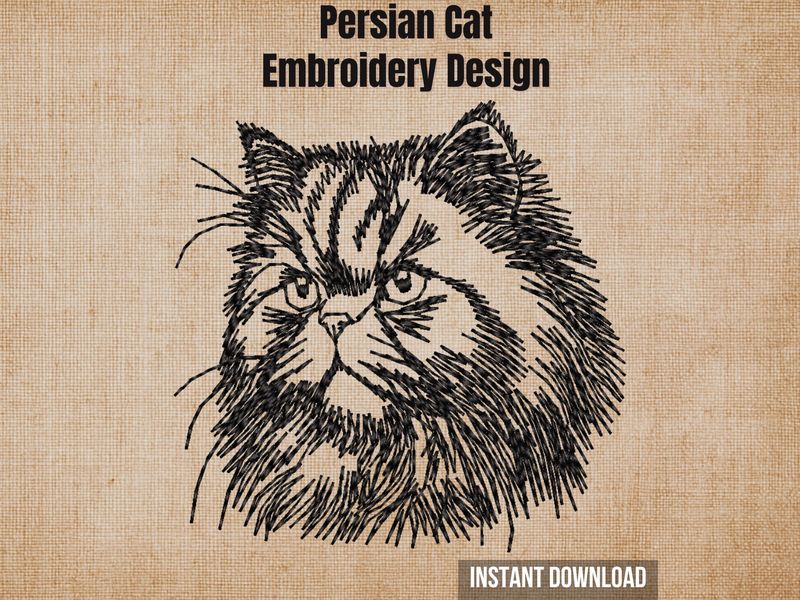 Textured natural burlap background highlighting the Persian cat embroidery design with an instant download badge