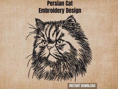 Textured natural burlap background highlighting the Persian cat embroidery design with an instant download badge