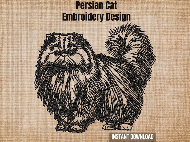 Cover photo graphic with full-body Persian cat embroidery design on textured burlap background with instant download tag.