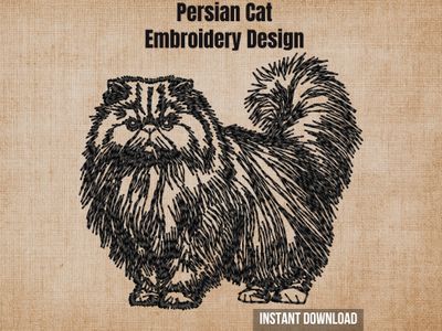 Cover photo graphic with full-body Persian cat embroidery design on textured burlap background with instant download tag.