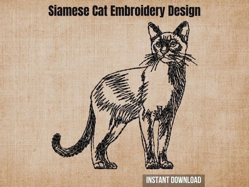 Black sketch-style embroidery of a Siamese cat, featured on a textured beige fabric background with heading text.