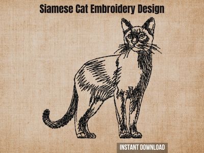 Black sketch-style embroidery of a Siamese cat, featured on a textured beige fabric background with heading text.