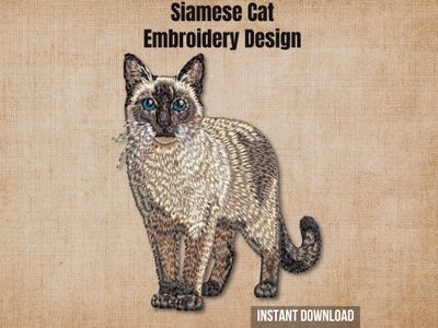 Siamese cat full-body full-color embroidery burlap background cover photo instant download digital design