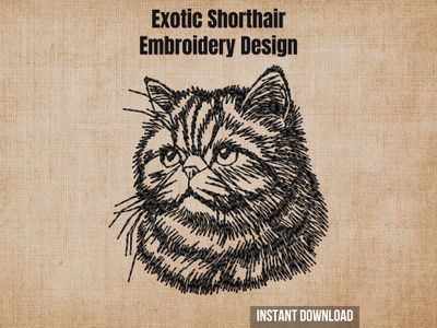 Black sketch-style embroidery of an Exotic Shorthair cat head, on a textured beige fabric background with text.