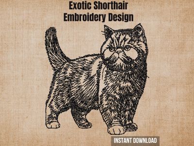 Full-body Exotic Shorthair cat embroidery design on textured burlap background cover photo with instant download tag.