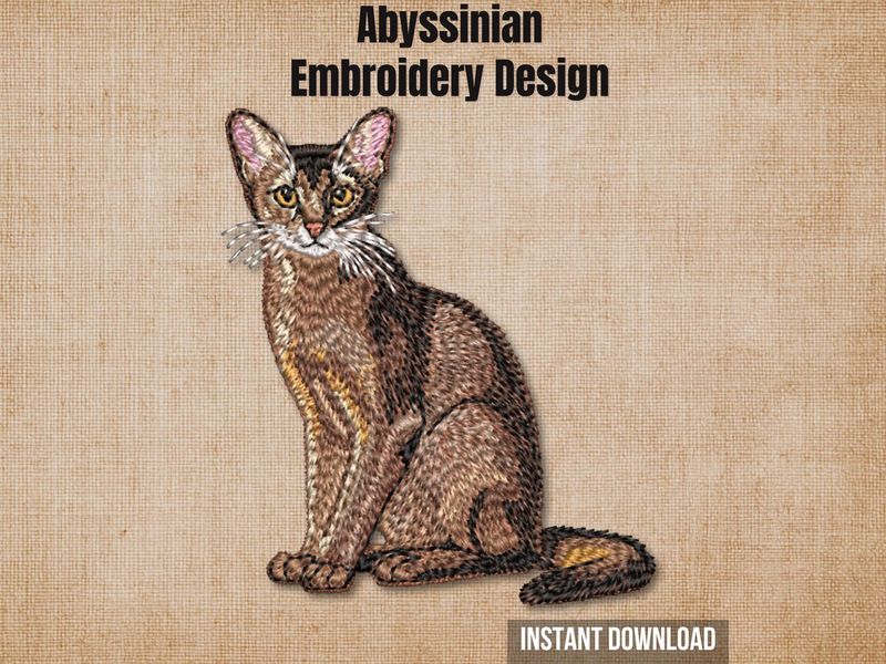 Cover photo graphic of full-body Abyssinian cat embroidery design on textured burlap background with instant download tag.