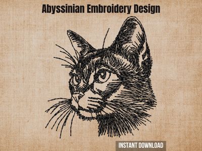 Abyssinian cat face embroidery design, black sketch portrait with whiskers on beige background, ideal for cat lover gifts and feline craft projects.