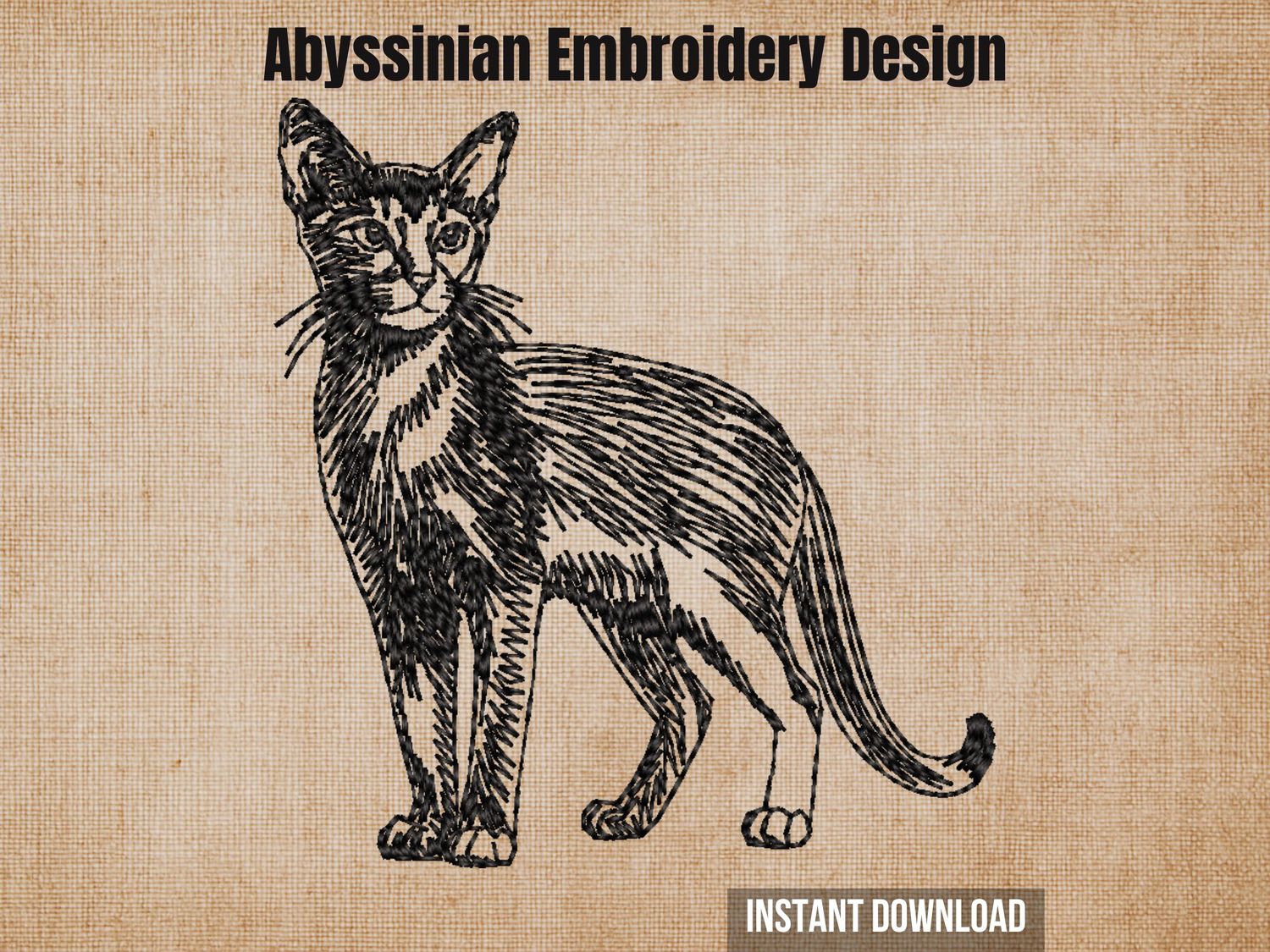 Black sketch-style embroidery of an Abyssinian cat, on a textured beige fabric background with heading text.