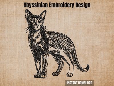 Black sketch-style embroidery of an Abyssinian cat, on a textured beige fabric background with heading text.