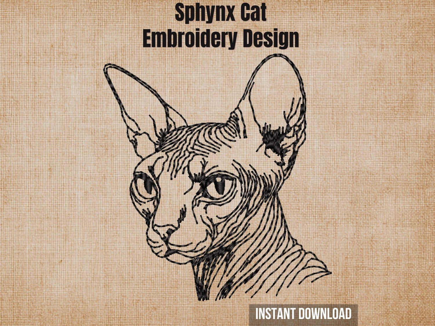 Textured natural burlap background highlighting the Sphynx cat embroidery design with an instant download badge