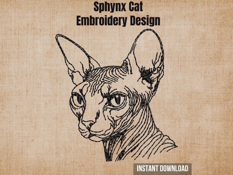 Textured natural burlap background highlighting the Sphynx cat embroidery design with an instant download badge