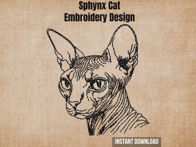 Textured natural burlap background highlighting the Sphynx cat embroidery design with an instant download badge