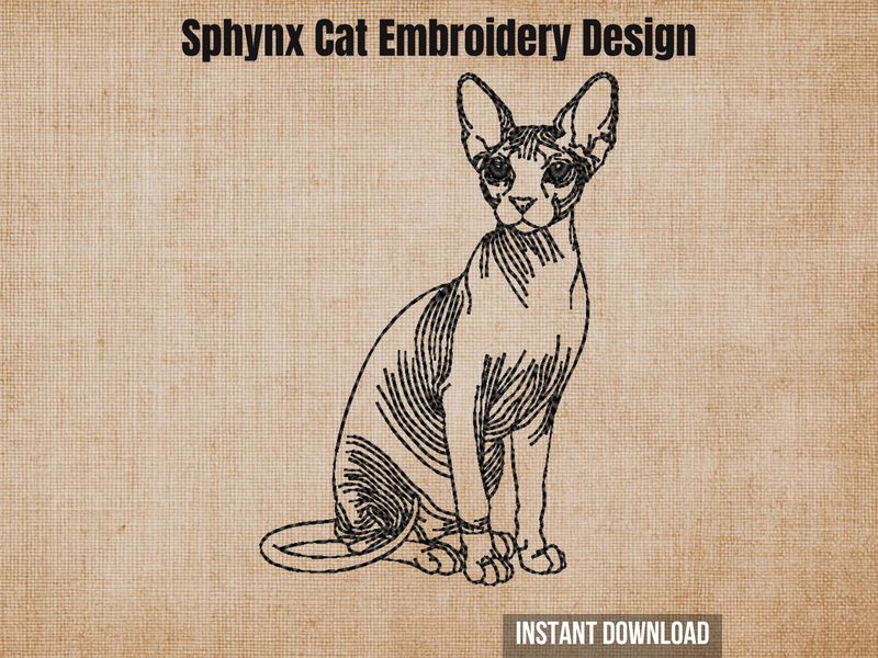 Sphynx Cat Embroidery Design, black line drawing of a sitting Sphynx cat on a tan background, highlighting its distinctive features.