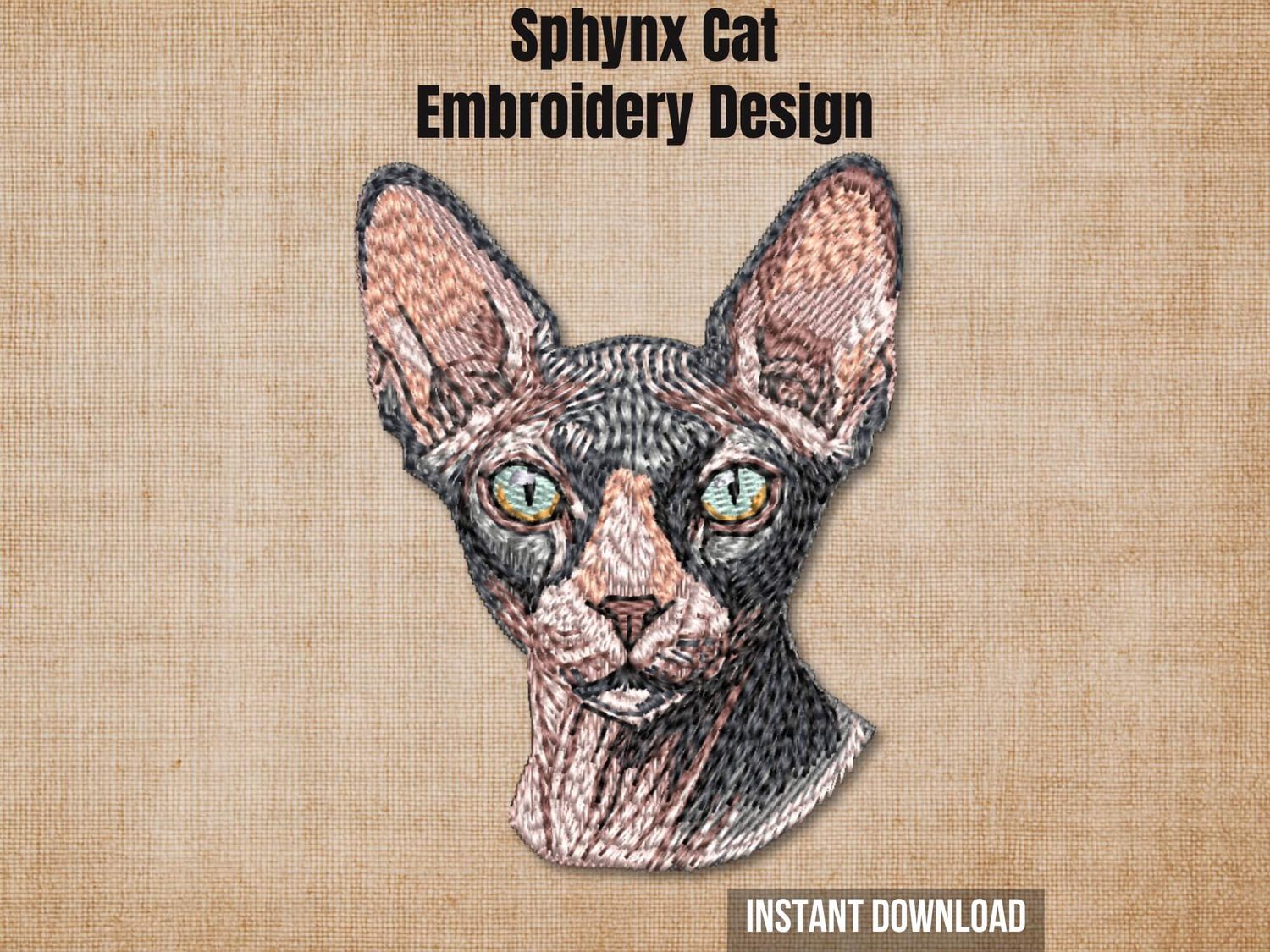 Cover graphic featuring a full-color Sphynx cat face embroidery on a textured burlap background.