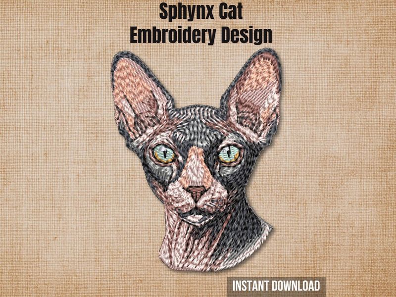 Cover graphic featuring a full-color Sphynx cat face embroidery on a textured burlap background.